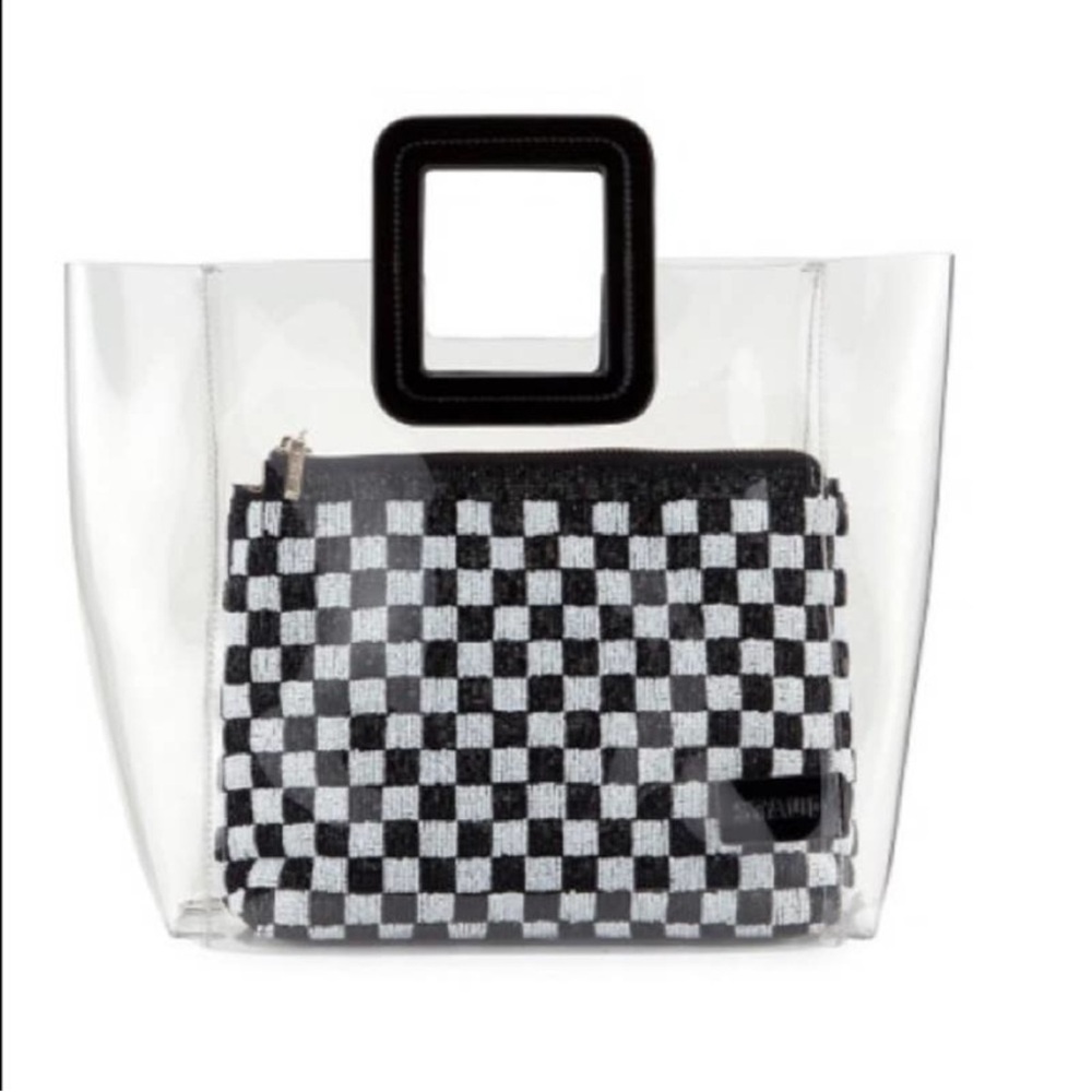 STAUD Shirley Clear Tote Bag Checkered Beaded Black White